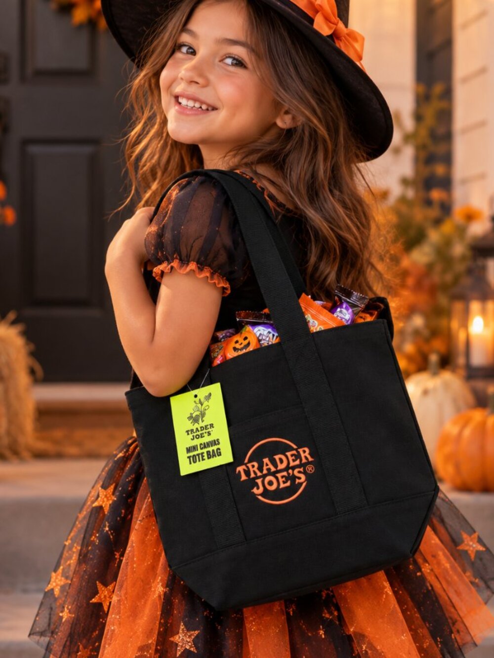 🎃 NWT 2026 Trader Joe’s Mini Canvas Tote Bag | Black + Orange | Trick-or-Treat